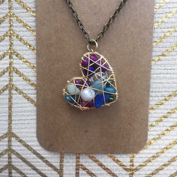 Heart Pendant Wrapped In Gold Copper Wire Handmade - Picture 1 of 4
